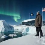 Governor Landry stands with a giant iceberg in front and the American flag flying high above in a snowy Arctic scene