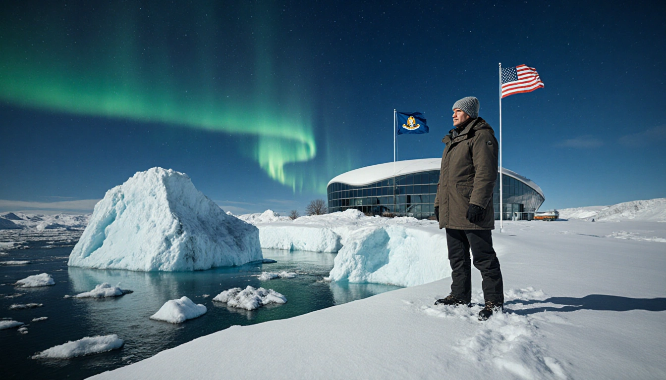 Governor Landry stands with a giant iceberg in front and the American flag flying high above in a snowy Arctic scene