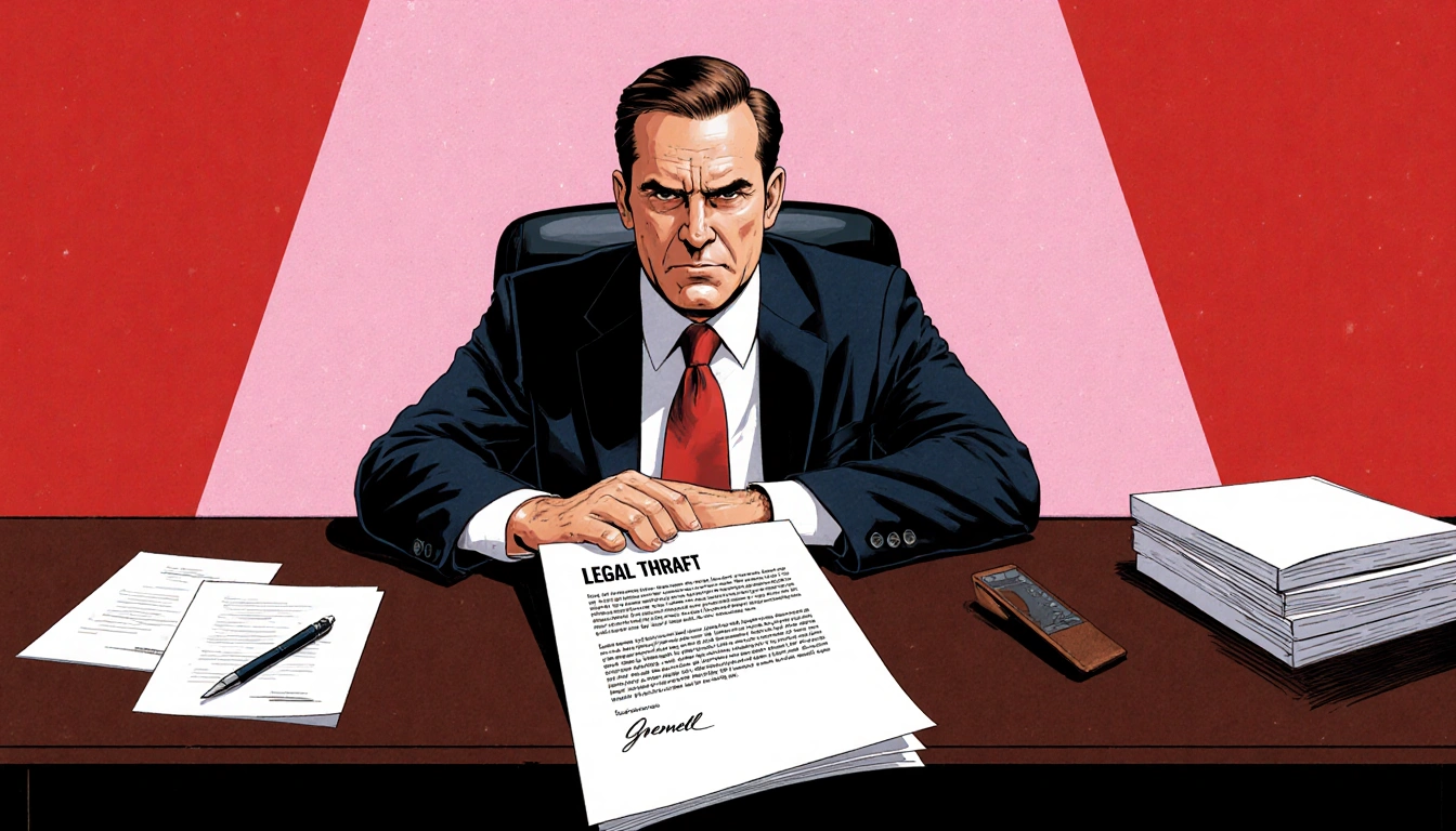 Ric Grenell sitting at desk with open legal letter titled 'Legal Threat' and pens near a backdrop with red accents.