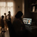 Mother sits in dim home office with laptop showing photo album and two children playing quietly