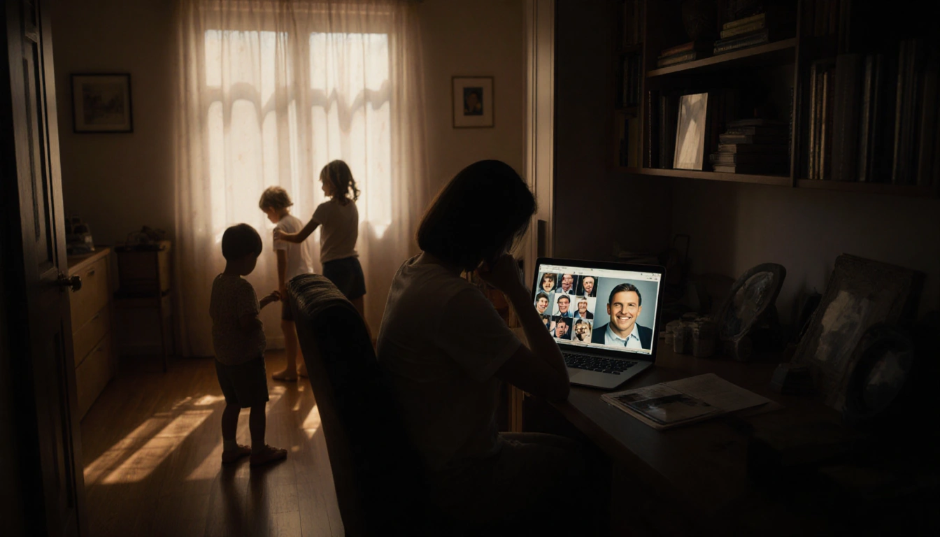 Mother sits in dim home office with laptop showing photo album and two children playing quietly