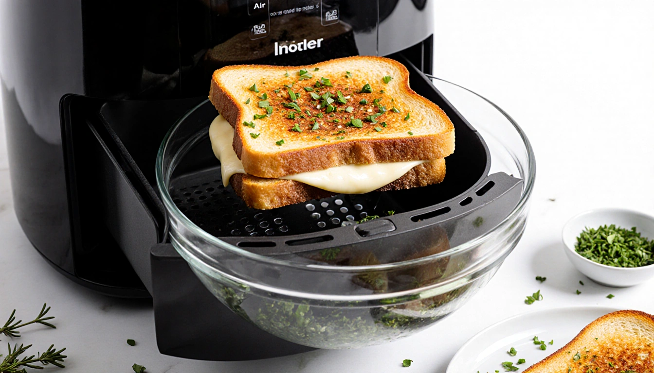 Grilled cheese sandwich emerging from air fryer basket with golden crust and melted mozzarella and fresh herbs