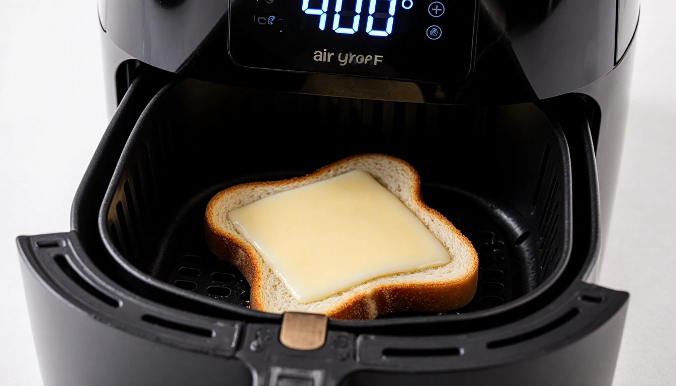 grilled cheese sandwich rests with buttered side down in air fryer basket and a digital display behind it shows 400°F
