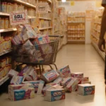 Grocery cart spilling ByHeart infant formula boxes with golden light and recall warnings visible