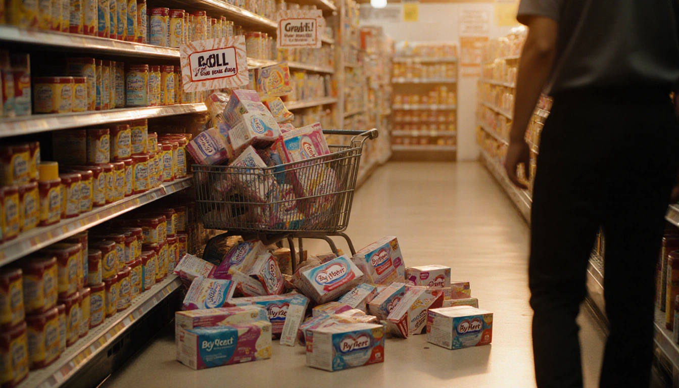 Grocery cart spilling ByHeart infant formula boxes with golden light and recall warnings visible