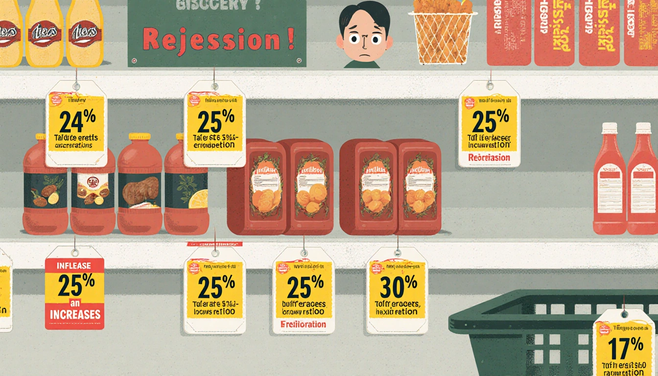 Grocery shelf displays price tags with inflation rates and tariffs and red marked products showing price hikes in scene