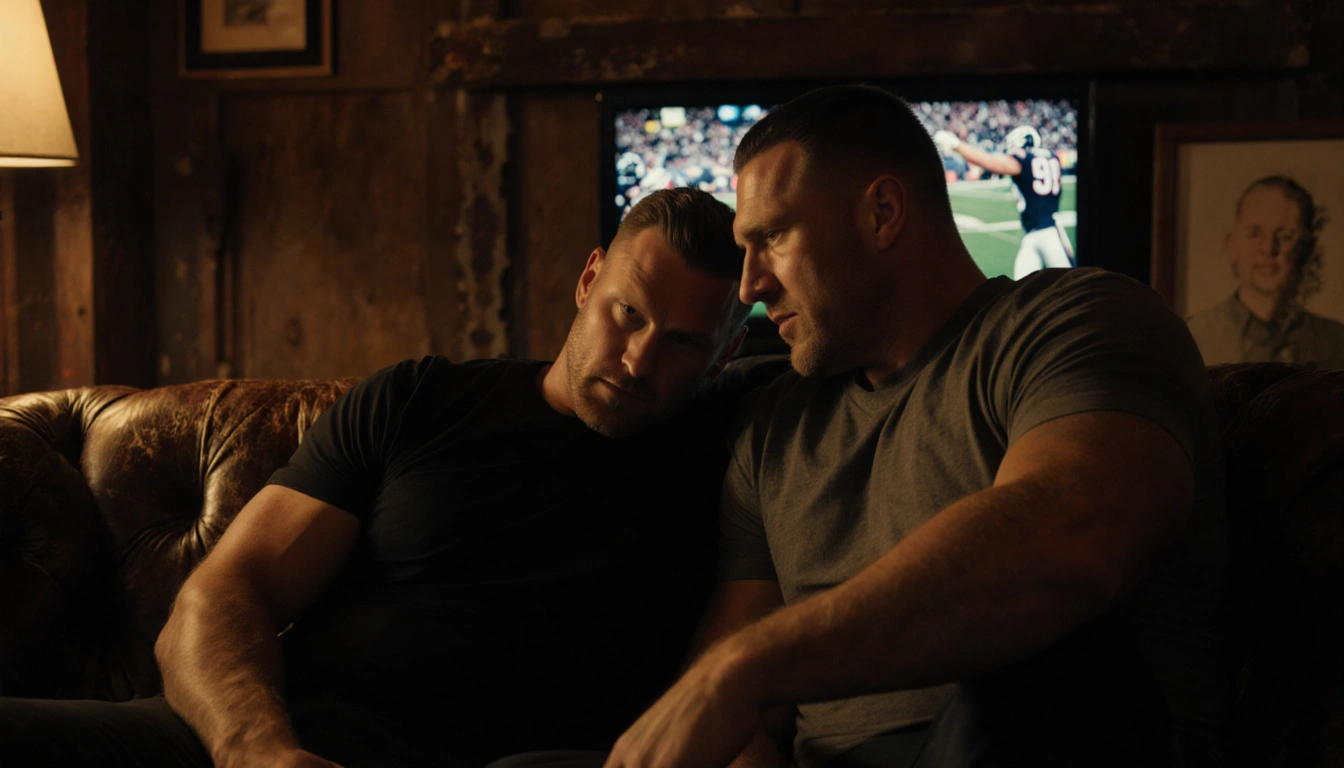 Rob Gronkowski a football legend sharing retirement advice speaking to Travis Kelce with worn leather couch and warm glow