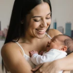 Hailie Jade McClintock embracing newborn Elliot with tiny hands around her neck and Detroit skyline softly glowing.