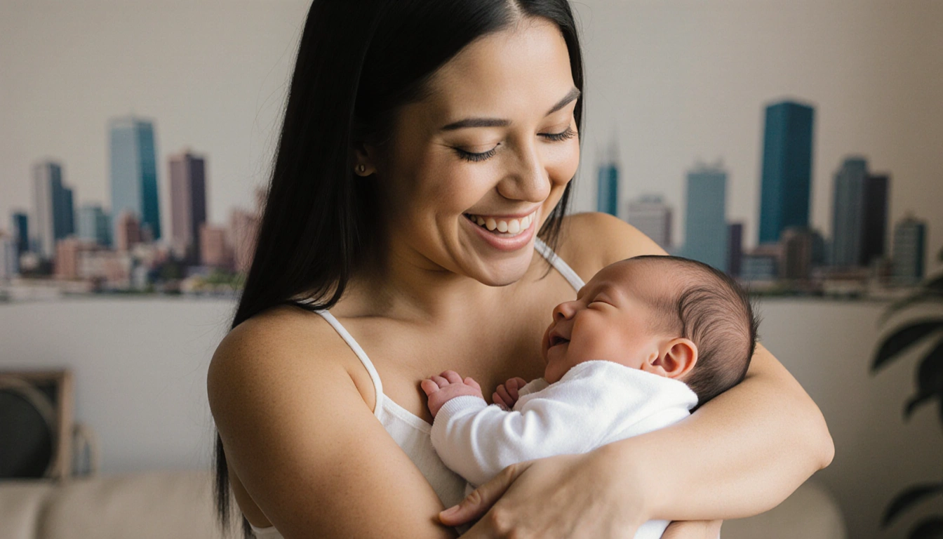 Hailie Jade McClintock embracing newborn Elliot with tiny hands around her neck and Detroit skyline softly glowing.