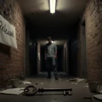 Person standing at hallway end looking down at feet with abandoned key on floor and flickering fluorescent light overhead