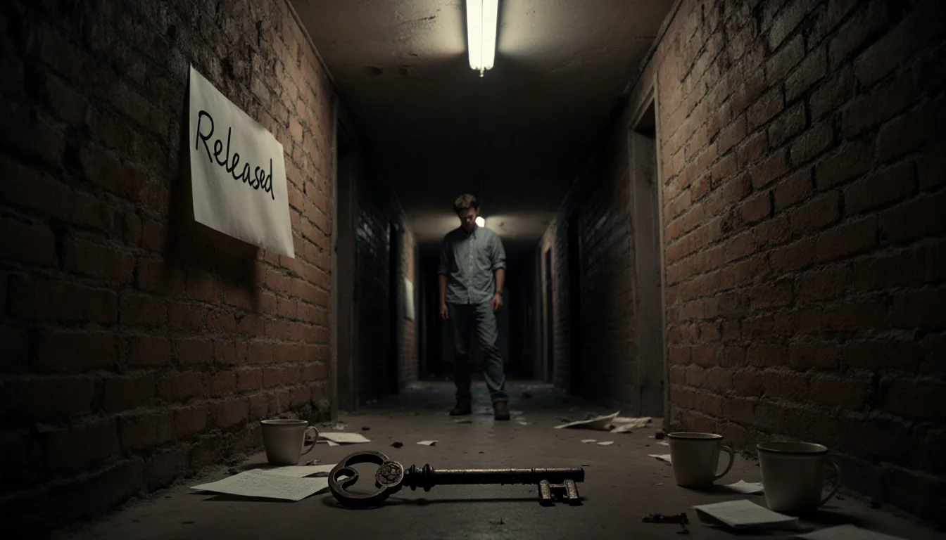 Person standing at hallway end looking down at feet with abandoned key on floor and flickering fluorescent light overhead