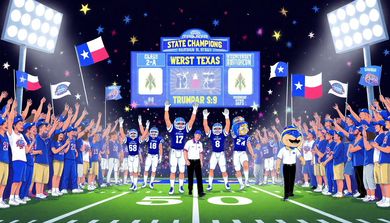 Hamilton High football team celebrating state championship win with scoreboard glow and cheering blue and white fans