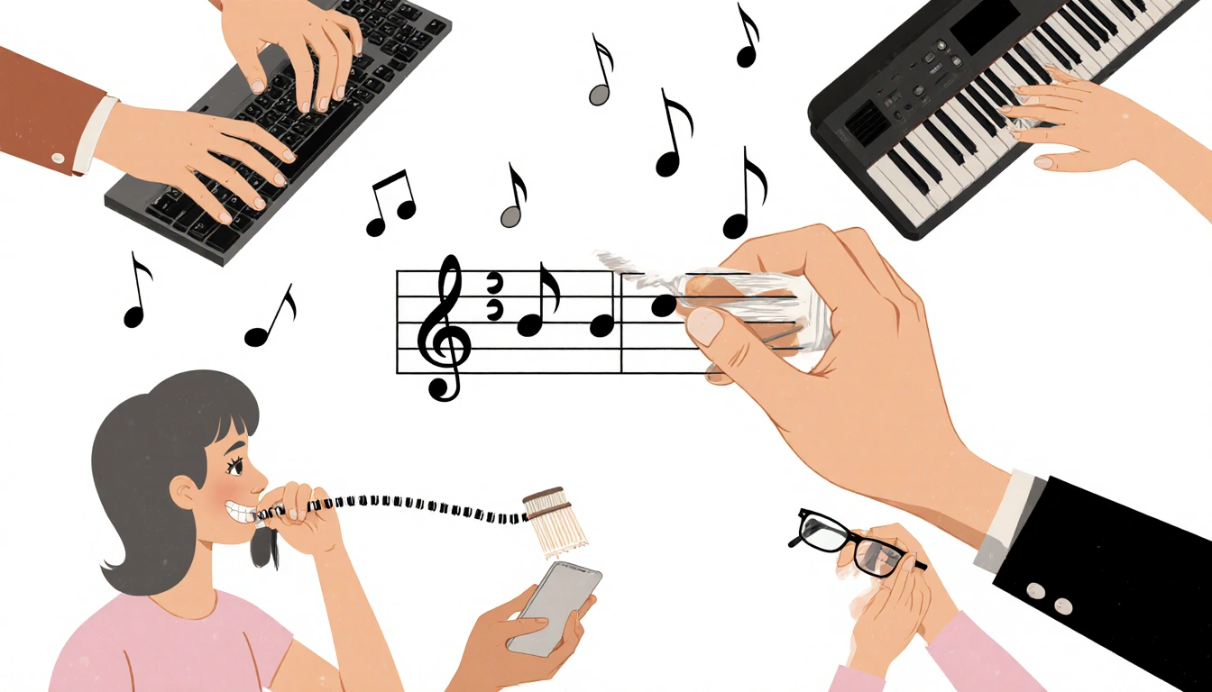 Hand holding a music staff with floating notes and a keyboard in the background