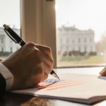 Hand signing a document with subtle flag pattern and White House silhouette in background under warm natural light