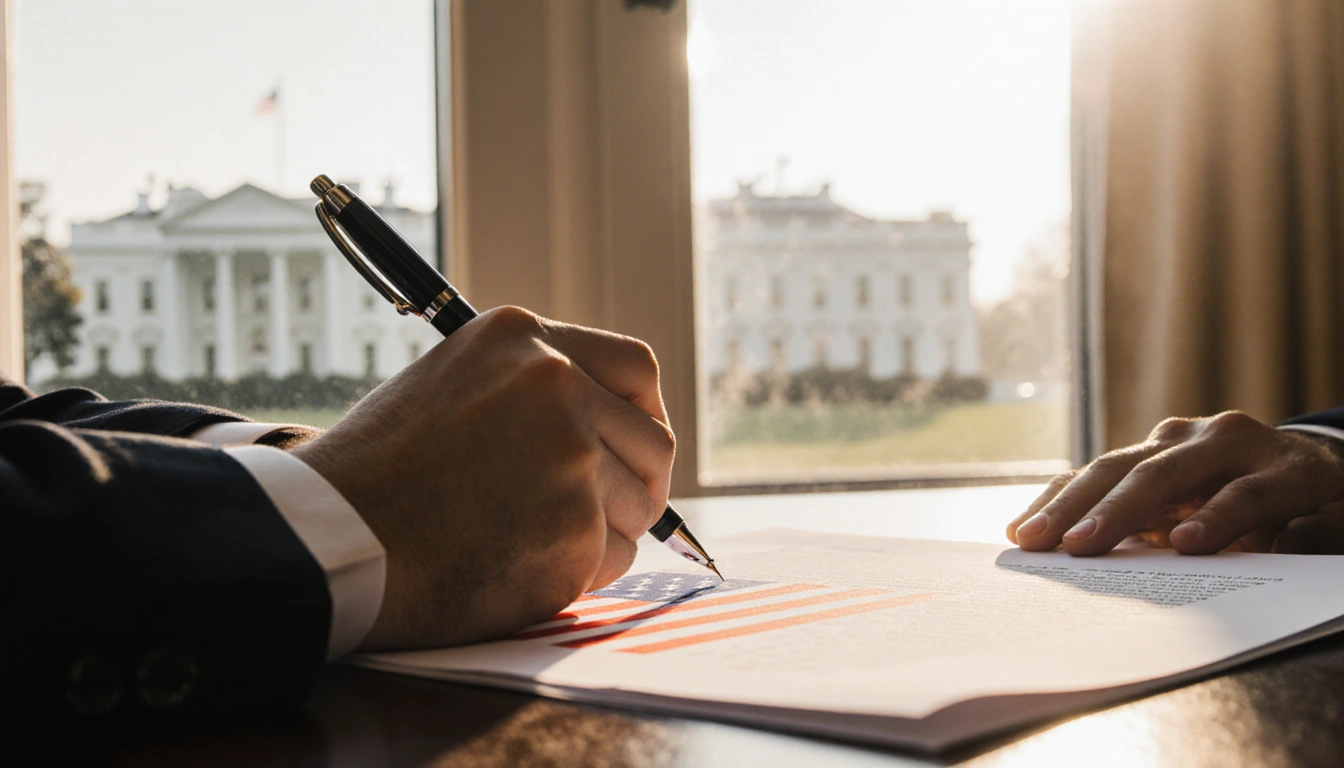 Hand signing a document with subtle flag pattern and White House silhouette in background under warm natural light