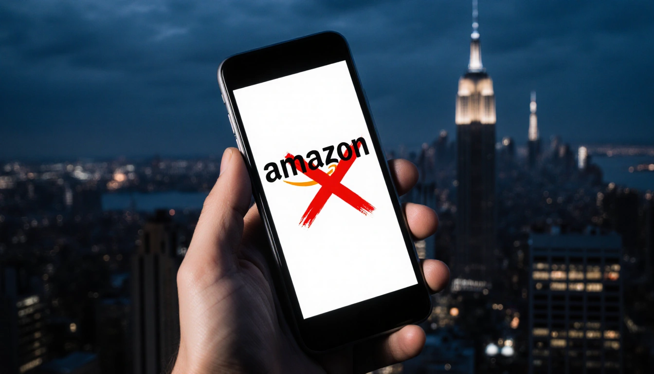 Hand holding smartphone with Amazon logo and red X and blurred night cityscape in background and cyber threat
