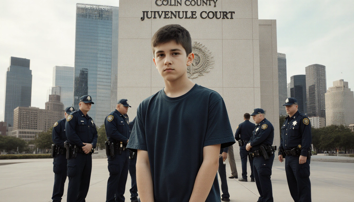 Teenaged boy being handcuffed outside courthouse with Collin County Juvenile Court logo and blurred Dallas skyline.