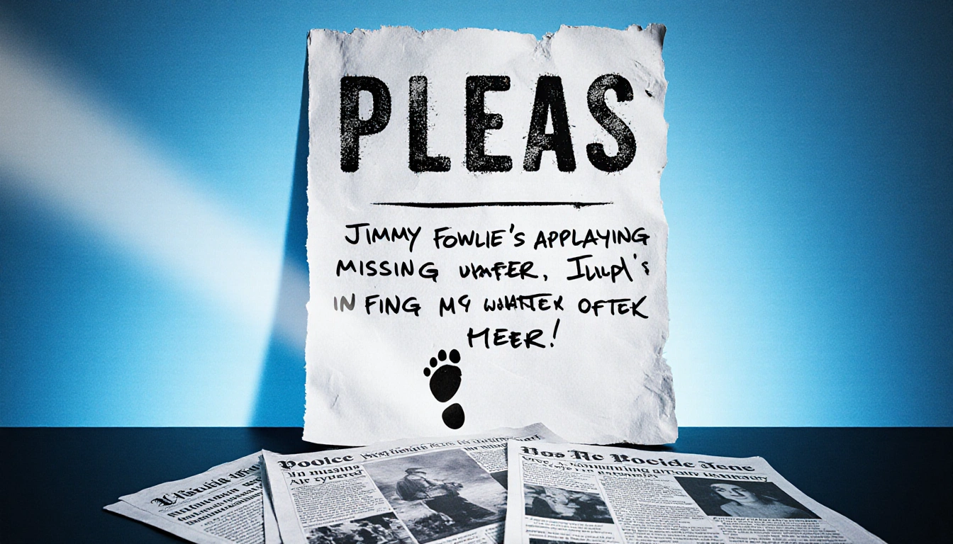 Poster pleading for missing sister with bold distressed font and blue gradient background featuring a faint footprint