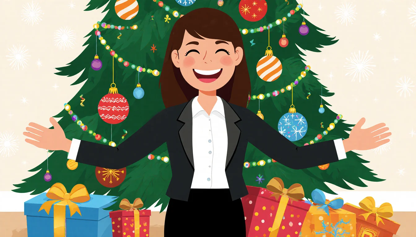 Hannah Counter smiling and opening arms wide before a sparkling Christmas tree with colorful ornaments and children's toys ne