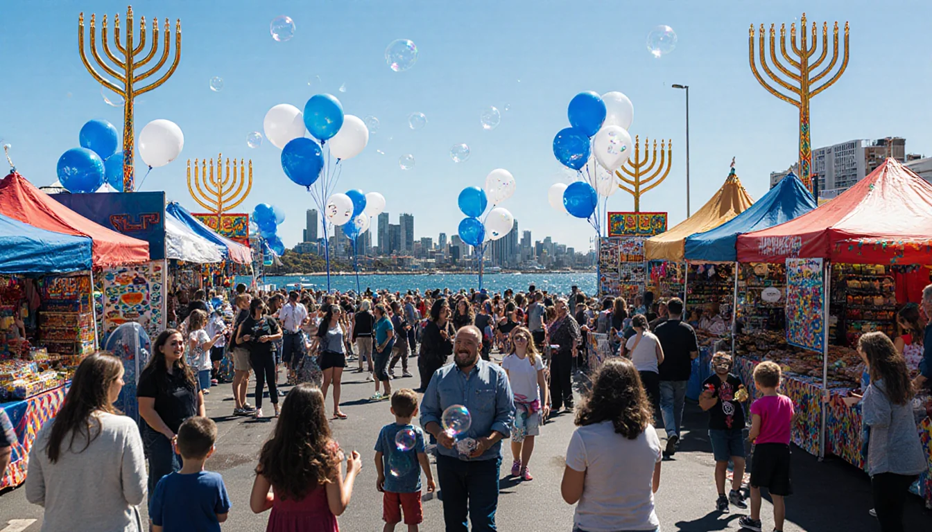 Children blowing bubbles at Bondi Beach with blue balloons and Hanukkah stalls.