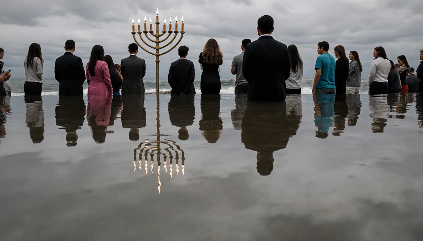 Figure stands on Bondi Beach looking toward ocean with reflection of Hanukkah crowd near a menorah