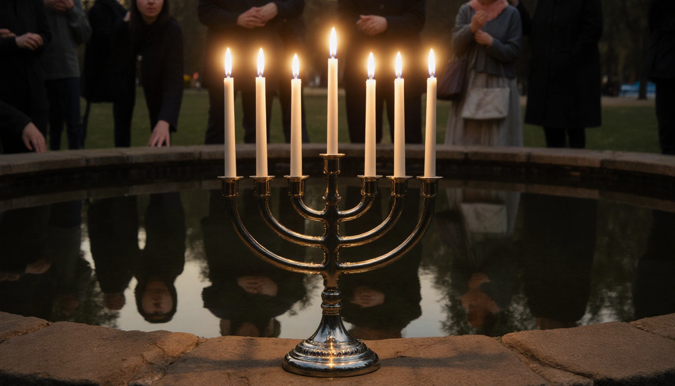 Menorah with five candles ablaze in a park under golden light with reflections of people on water creating Hanukkah peace