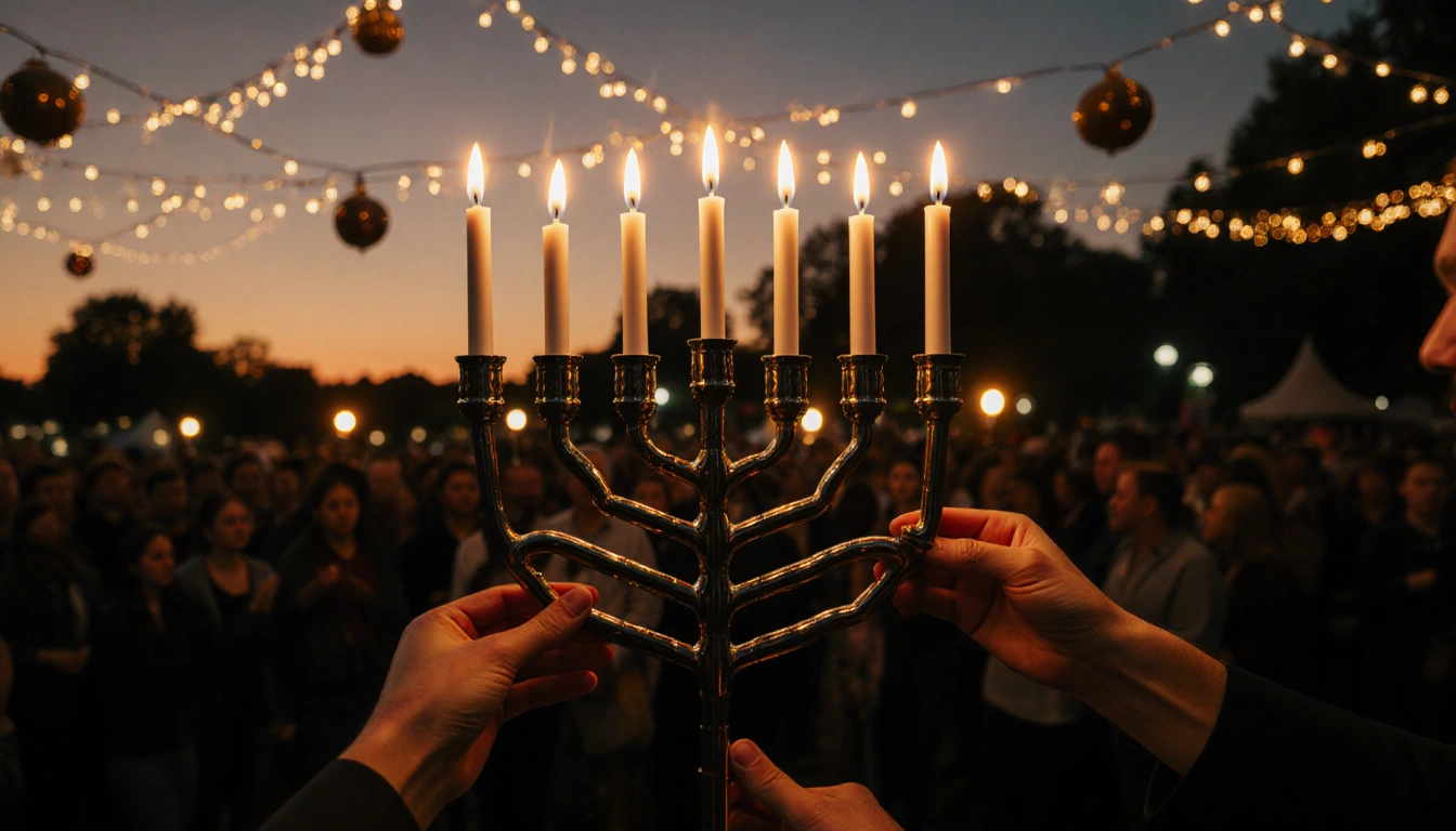 Participants holding lit Hanukkah candles in a park with a large menorah and sunset glow