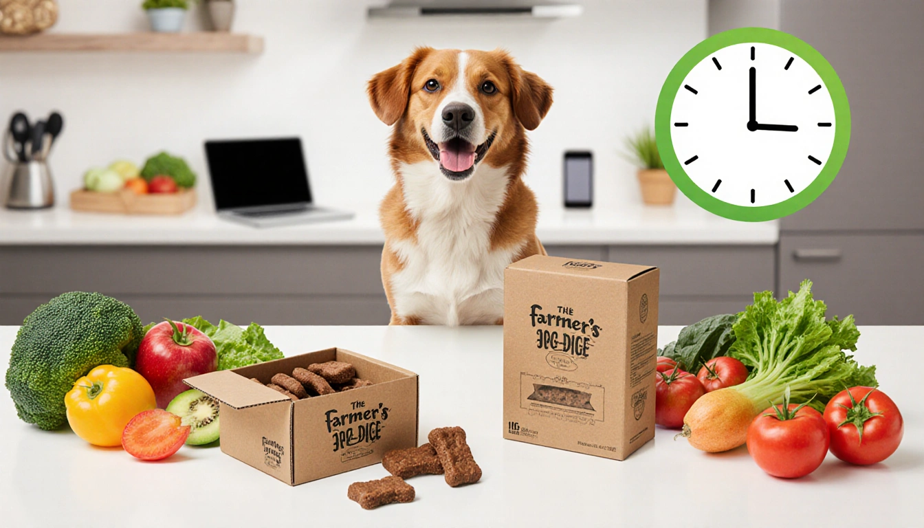 Happy dog sitting in front of an open treat box with treats spilling onto the table and a clock showing 14 days