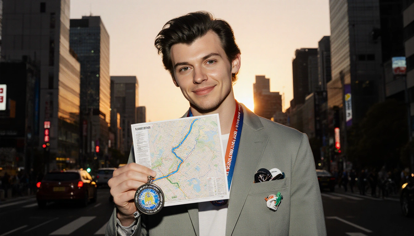 Harry Styles standing holding a marathon map with Tokyo skyline at sunset and warm golden light.