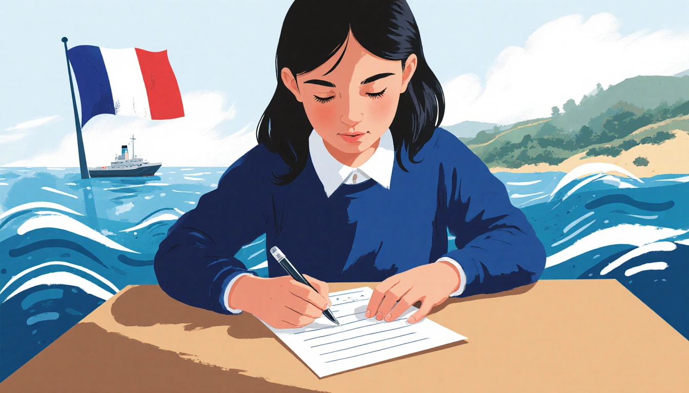 Student writes a letter to a French minister with a pen while a blurred marine park and faint whale shapes appear behind her.