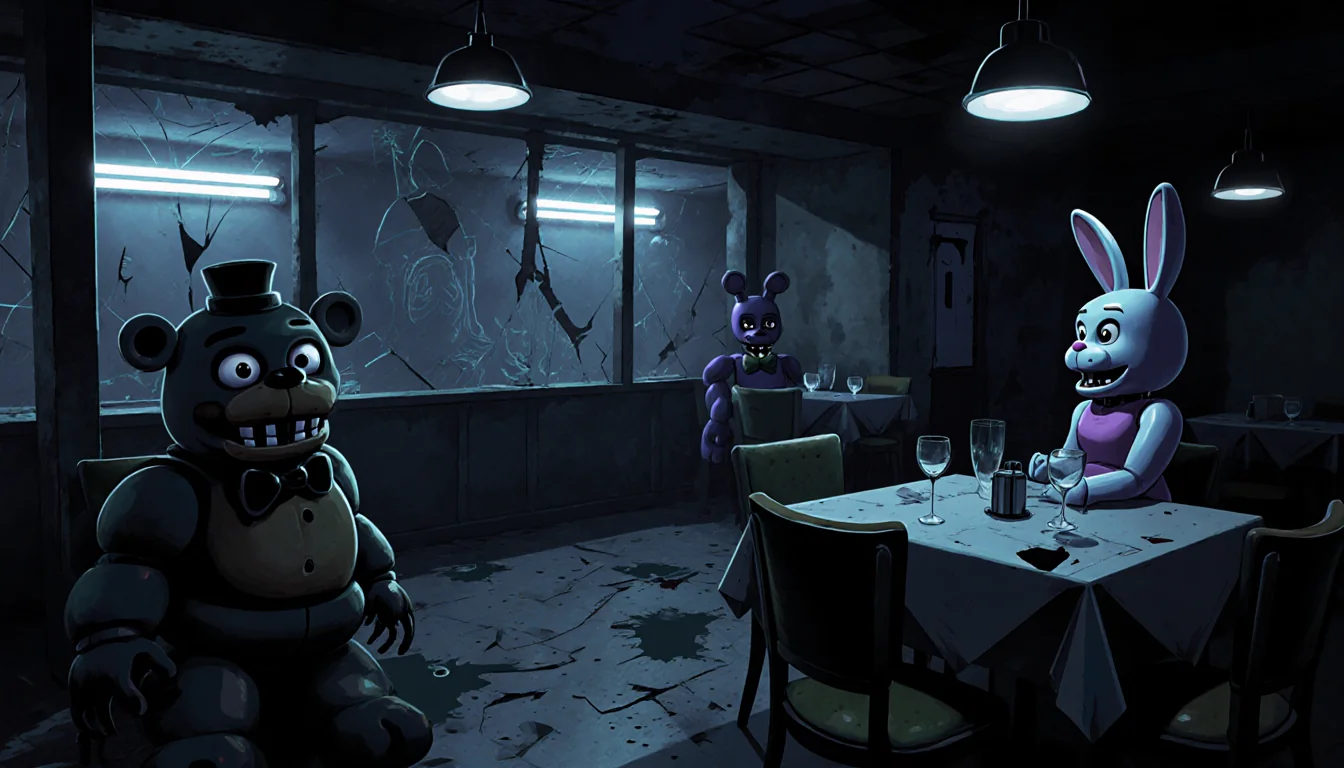 Freddy Fazbear and Bonnie animatronics lurking in dim restaurant with flickering fluorescent lights and broken tablecloths
