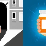 Person stands before hospital with looming shadow and holds glowing prescription bottle of hope