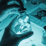 Doctor holding a vaccine vial with aluminum crystal against a background of a child vaccination record