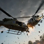 Two helicopters tangled in collision with debris scattered and warm light highlighting wreckage in blue sky near buildings