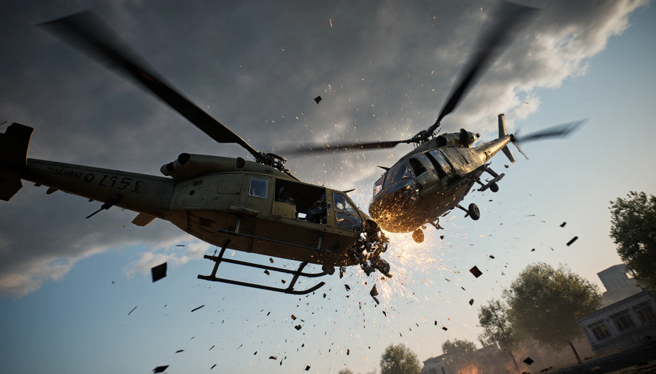 Two helicopters tangled in collision with debris scattered and warm light highlighting wreckage in blue sky near buildings