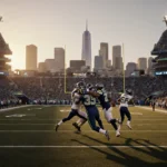 Football players rushing towards end zone with Los Angeles skyline in background.