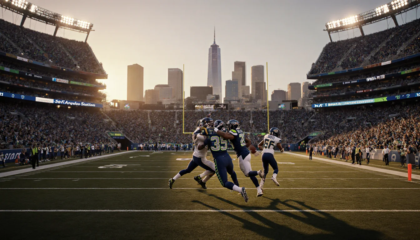 Football players rushing towards end zone with Los Angeles skyline in background.