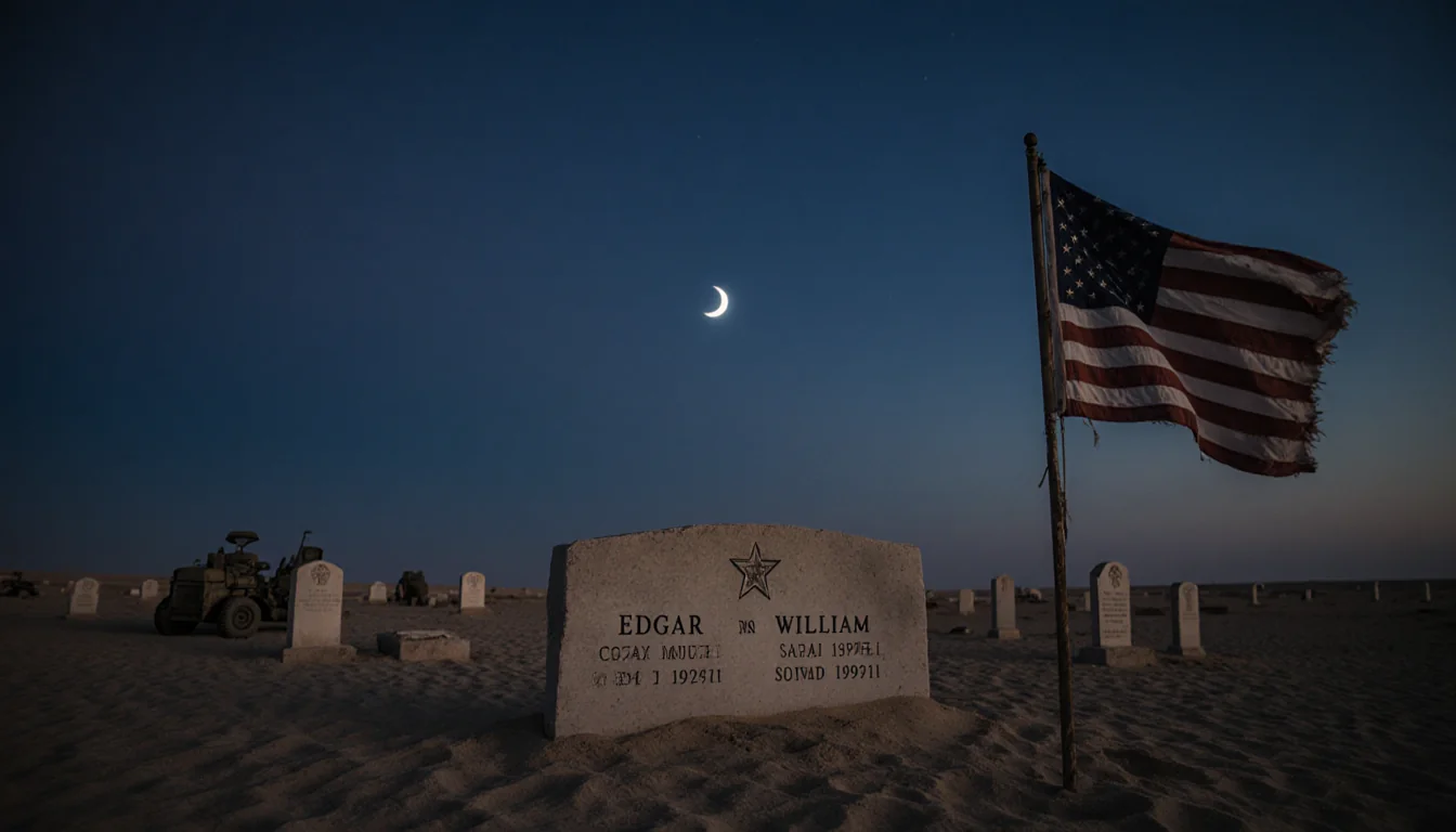 American flag standing with tattered folds beside memorial stone with names Edgar and William in desert dawn