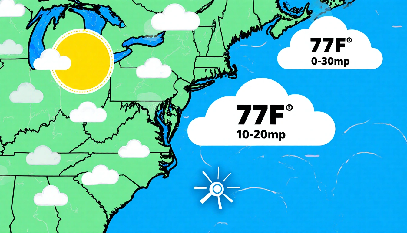 Weather map illustrating high pressure over southeast United States with clear blue skies and 63°F readings.