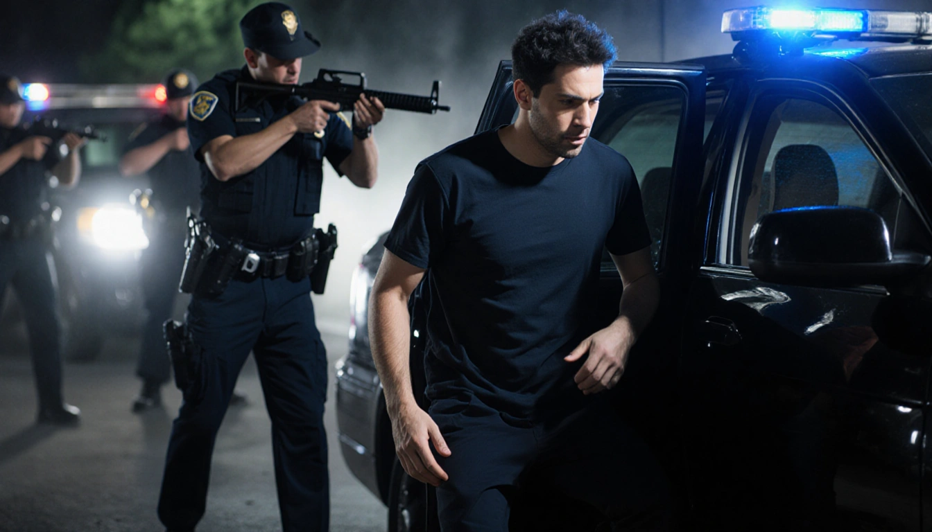 Suspect steps out of car with hands raised towards police with officers behind holding guns