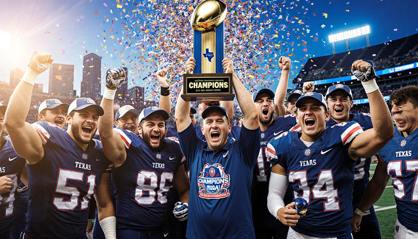 High school football players cheer around a championship trophy with confetti and a coach beside them blue stadium backdrop