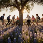 Hikers gather around a large tree with bluebonnet wildflowers and warm sunlight casting long shadows