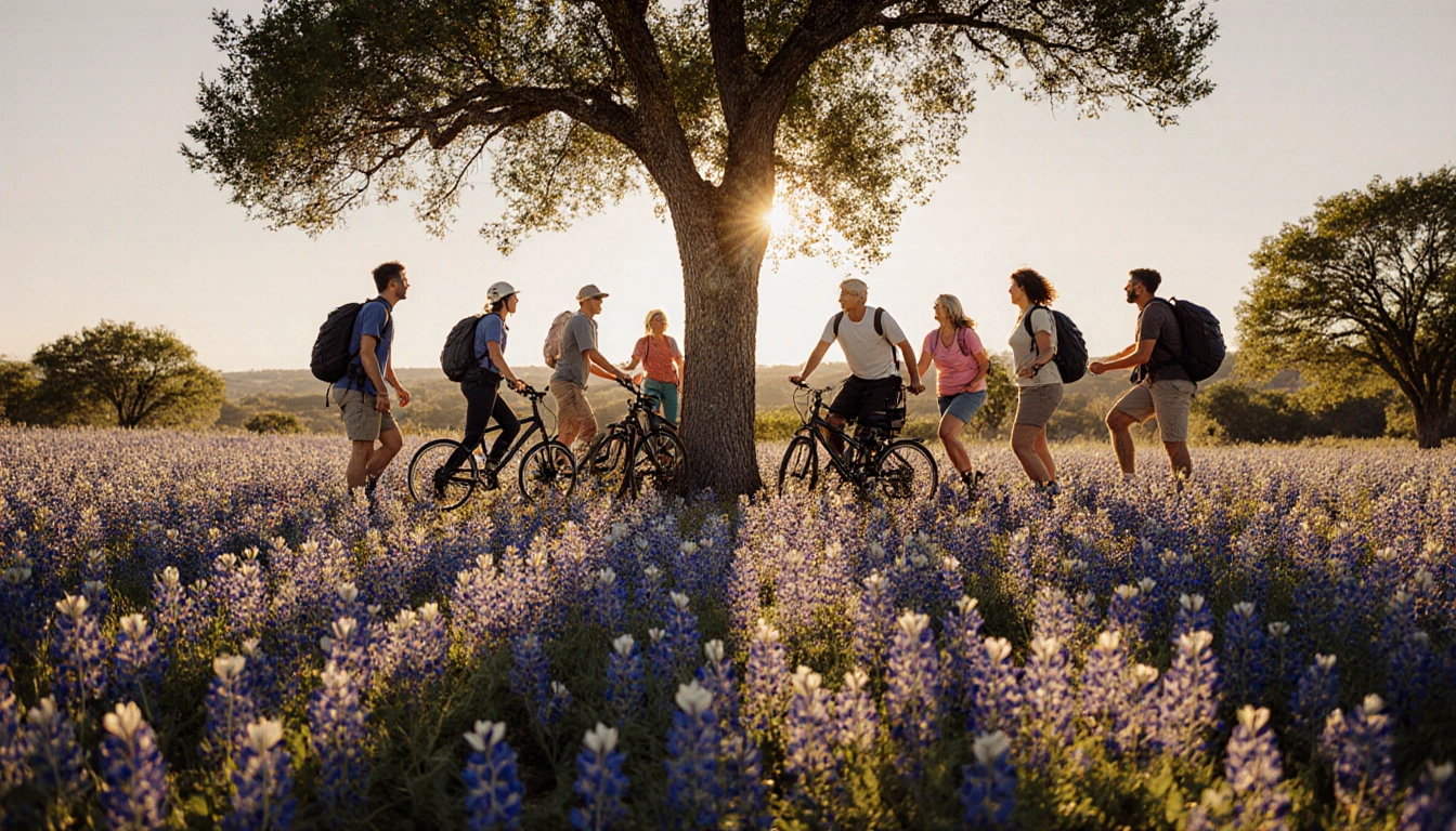 Hikers gather around a large tree with bluebonnet wildflowers and warm sunlight casting long shadows