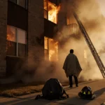 Residents looking up at flames with emergency blankets and a charred ladder.