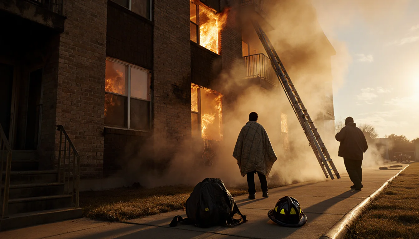 Residents looking up at flames with emergency blankets and a charred ladder.