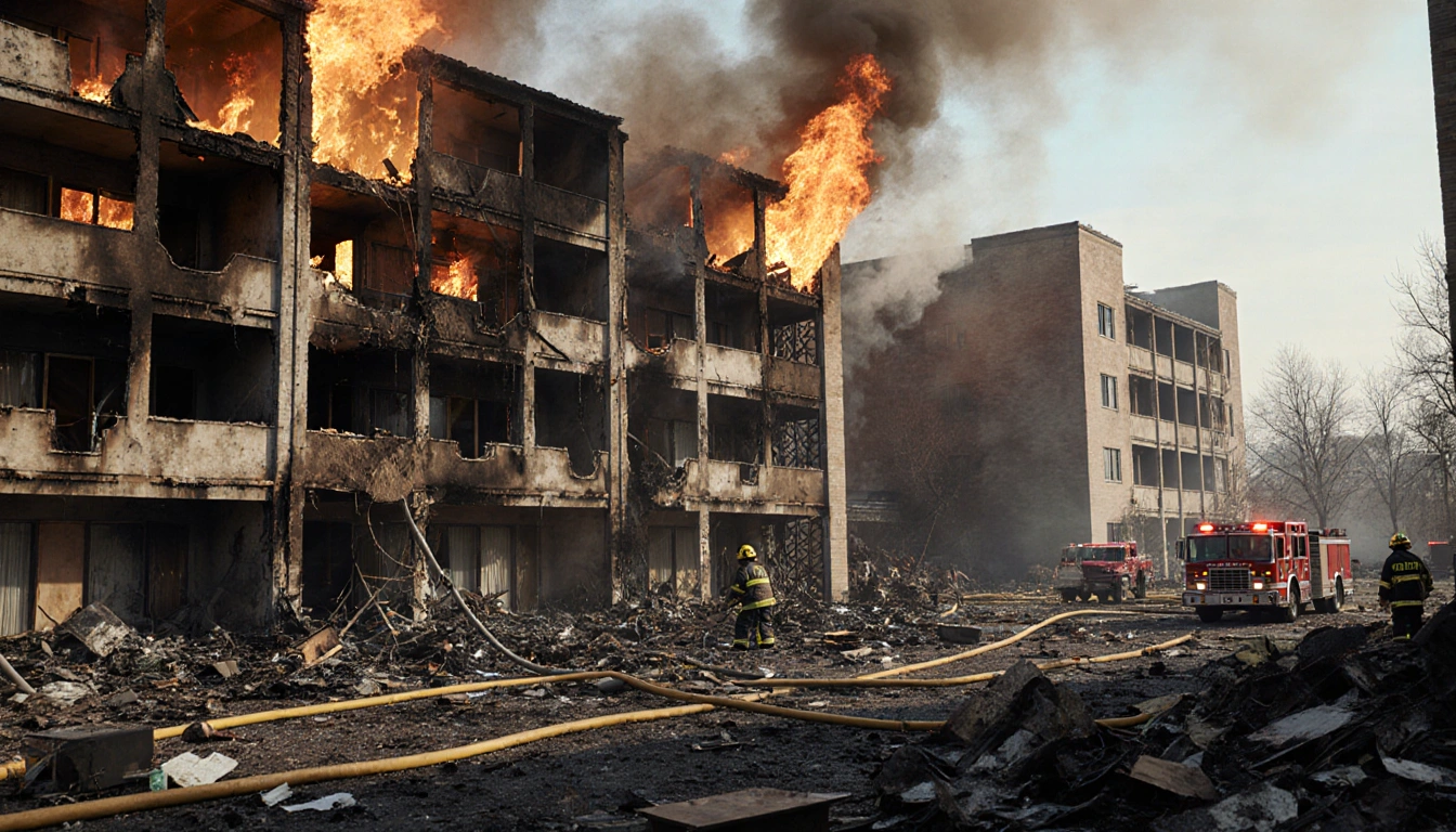 Firefighters rescuing displaced residents with burnt apartments and billowing smoke