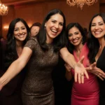 Diverse Hispanic women receiving awards with bright colors and dynamic lighting celebrating community and leadership.