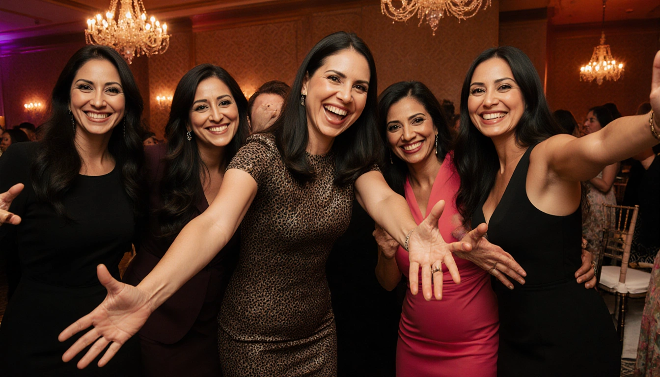 Diverse Hispanic women receiving awards with bright colors and dynamic lighting celebrating community and leadership.
