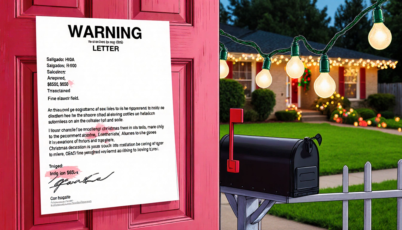 HOA warning letter hangs on mailbox with bold $650 fine, red background, near Christmas lights hidden by fence and lawn.
