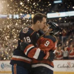Two hockey players kissing with confetti swirling around them and a blurred scoreboard in background